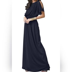 KOH KOH Womens Split Sleeves Smocked Cocktail Long Maxi Dress, Navy Blue, Large